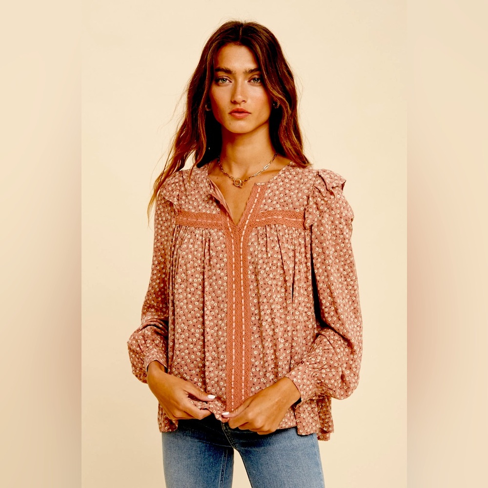 RUFFLE SHOULDER V NECK LONG SLEEVE BLOUSE FEATURES LINING COTTON LACE BUTTON. L